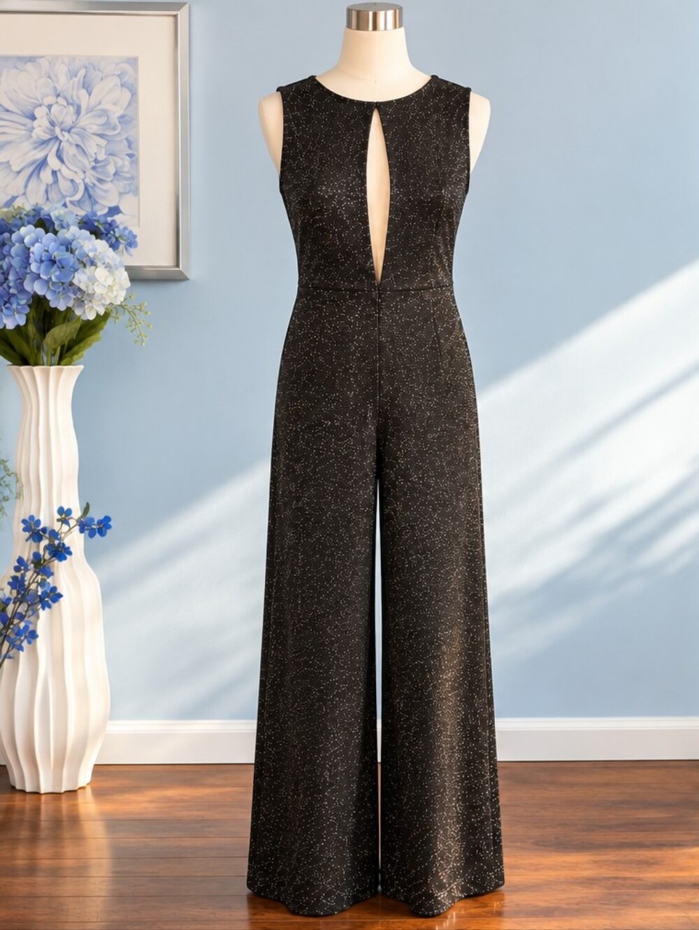 Terranova Black Lurex Sparkle Wide Leg Jumpsuit Keyhole Cutout Open Back Size M